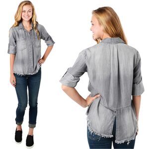 Bella Dahl frayed hem split back button down gray chambray